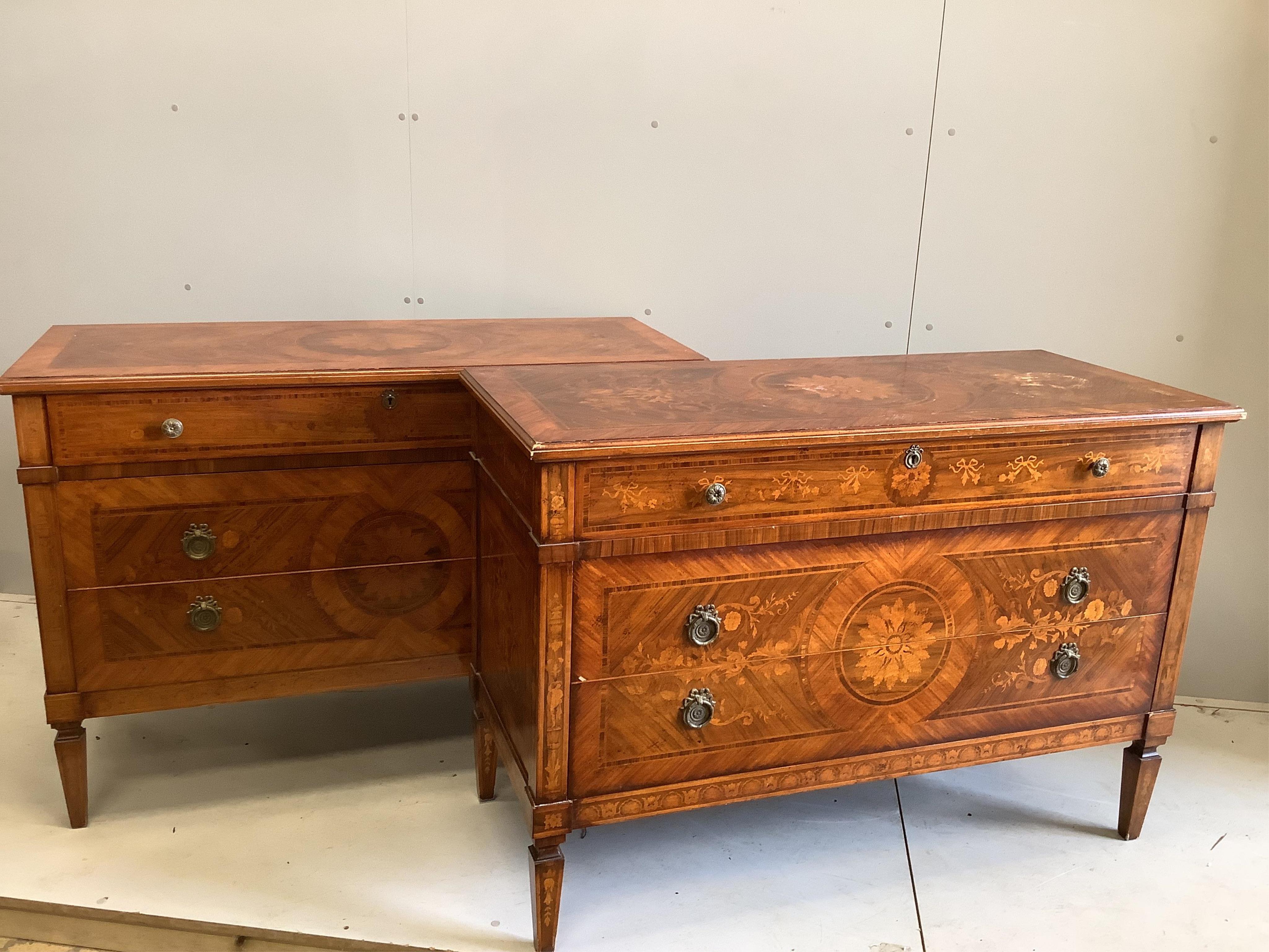 A pair of reproduction Milanese style marquetry inlaid kingwood commodes, width 128cm, depth 54cm, height 88cm. Condition - fair